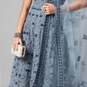 Embroidered Net Abaya Style Suit in Grey Utsav Fashion